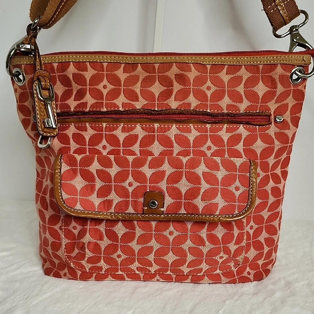 Fossil Orange Patterned Crossbody Bag with Tan Straps